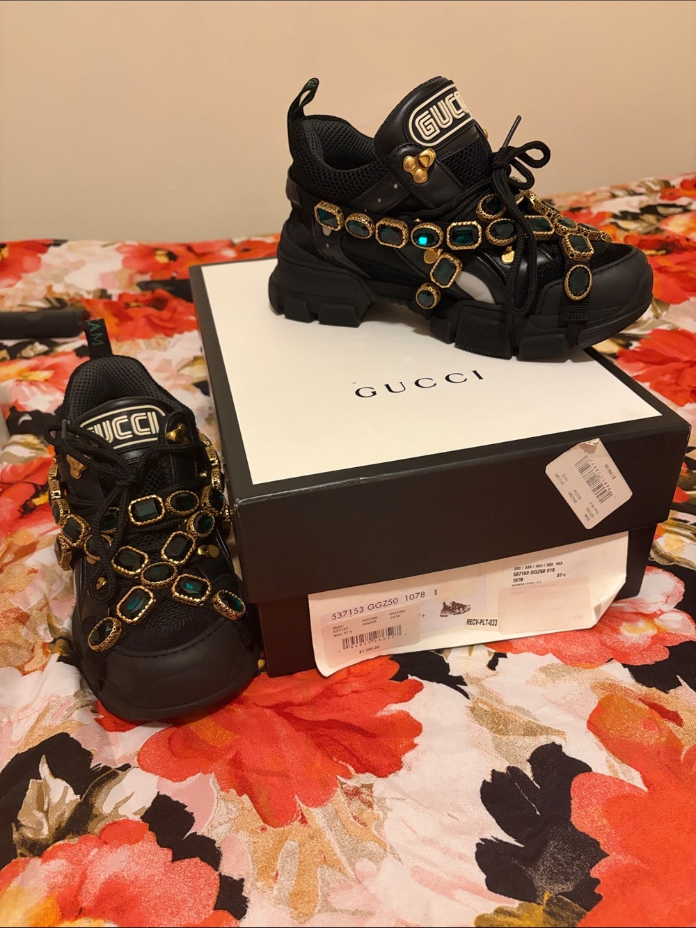 Gucci Kids Black Sneakers with Gold and Teal Jewel Accents